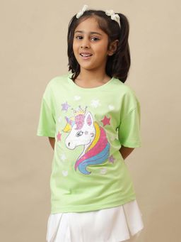 Kidsville - Official Unicorn Graphic Printed Oversized Round Neck Green T-Shirt