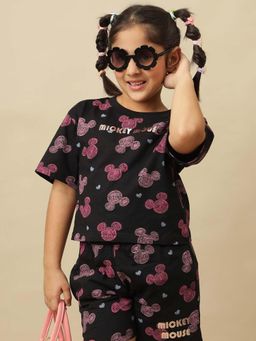 Kidsville - Black Official Mickey And Friends Graphic Printed Round Neck Crop T-Shirt
