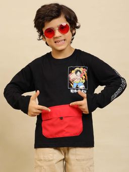 Kidsville - Official Graphic Printed Pure Cotton Black T-Shirt With Pouch Pocket