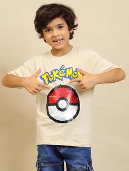 Kidsville - Official Pokemon Graphic Printed Pure Cotton Beige T-Shirt