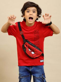 Kidsville - Official Spiderman Graphic Printed Cotton Red T-Shirt With Pouch Bag