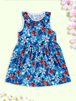KiddoPanti - Girls Navy Blue Sleeveless Cotton Knitted Floral Printed Dress