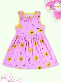 KiddoPanti - Girls Pink Sleeveless Cotton Knitted Flower Printed Dress
