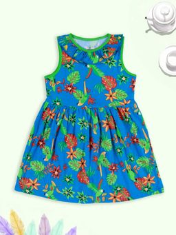 KiddoPanti - Girls Blue Sleeveless Cotton Parrot And Leaves Printed Dress