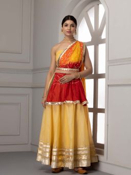Geroo Jaipur - Yellow Handcrafted Gota Work Chanderi Lehenga Set