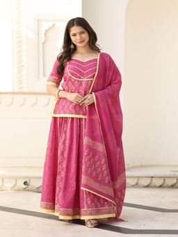Mulmul - Ridhushni Block Printed Short Kurta-Skirt and Dupatta (Set of 3)