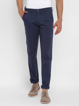 Turtle - Men Cotton Stretch Navy Blue Checks Ultra Slim Fit Casual Trouser