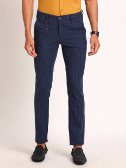 Turtle - Men Pure Cotton Blue Stripe Tapered Fit Casual Trouser