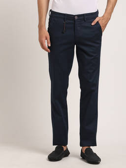 Turtle - Men Cotton Stretch Navy Blue Checkered Ultra Slim Fit Casual Trouser