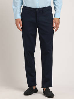 Turtle - Men Cotton Stretch Navy Blue Dobby Textured Ultra Slim Fit Casual Trouser