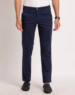 Turtle - Men Cotton Stretch Navy Blue Textured Ultra Slim Fit Casual Trouser