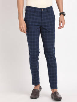 Turtle - Men Cotton Stretch Blue Checkered Tapered Fit Casual Trouser