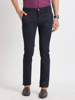 Turtle - Men Cotton Stretch Navy Blue Printed Ultra Slim Fit Casual Trouser