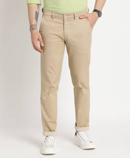Turtle - Men Cotton Stretch Beige Dobby Printed Ultra Slim Fit Casual Trouser