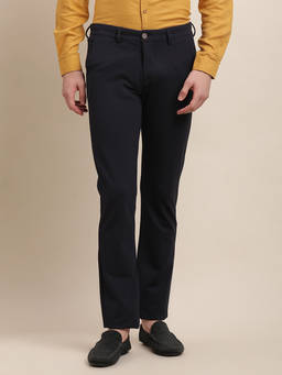 Turtle - Men Knitted Solid Ultra Slim Fit Navy Blue Casual Trouser