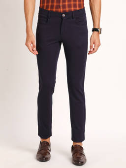 Turtle - Men Knitted Navy Blue Solid Tapered Fit Casual Trouser