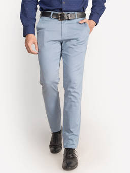 Turtle - Men Cotton Stretch Light Blue Solid Tapered Fit Casual Trouser