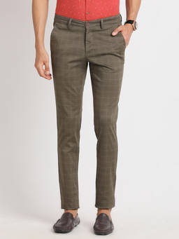 Turtle - Men Cotton Stretch Brown Checkered Tapered Fit Casual Trouser