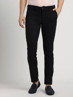 Turtle - Men Cotton Stretch Black Checkered Tapered Fit Casual Trouser