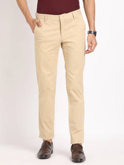 Turtle - Men Cotton Stretch Beige Solid Ultra Slim Fit Casual Trouser
