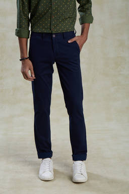 Turtle - Men Cotton Stretch Navy Blue Solid Ultra Slim Fit Casual Trouser