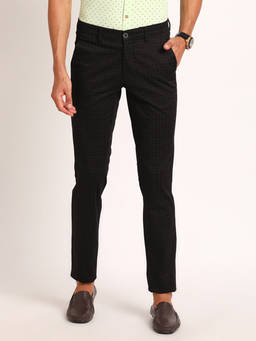Turtle - Men Cotton Stretch Brown Checkered Tapered Fit Casual Trouser