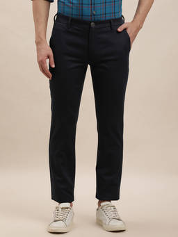 Turtle - Men Cotton Stretch Navy Blue Stripe Printed Tapered Fit Casual Trouser