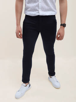 Turtle - Men Cotton Stretch Navy Blue Checkered Tapered Fit Casual Trouser