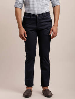 Turtle - Men Cotton Stretch Tapered Fit Navy Blue Casual Trouser