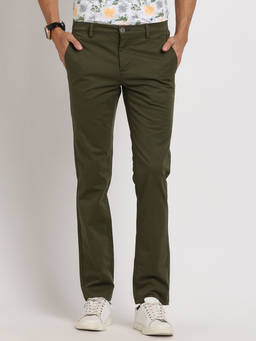 Turtle - Men Cotton Stretch Green Solid Ultra Slim Fit Casual Trouser