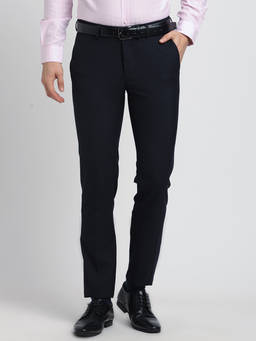 Turtle - Men Poly Viscose Navy Blue Solid Slim Fit Formal Trouser