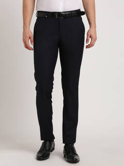 Turtle - Men Poly Viscose Navy Blue Solid Slim Fit Formal Trouser