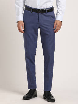 Turtle - Men Poly Viscose Navy Blue Checkered Ultra Slim Fit Formal Trouser
