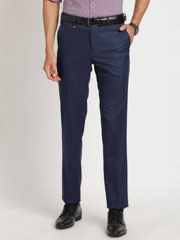 Turtle - Men Poly Viscose Stretch Navy Blue Checkered Slim Fit Formal Trouser