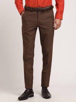 Turtle - Men Poly Viscose Brown Textured Ultra Slim Fit Formal Trouser