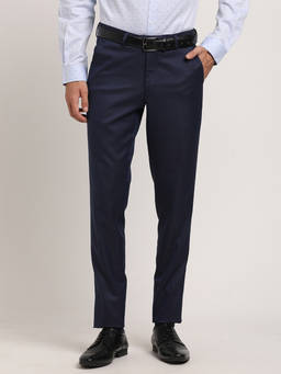 Turtle - Men Cotton Navy Blue Textured Slim Fit Formal Trouser