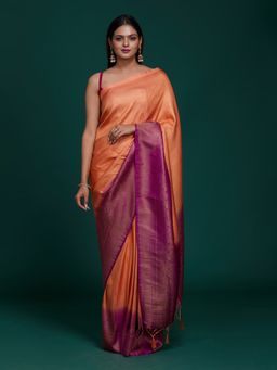 Koskii - Peach Woven Brocade Saree with Unstitched Blouse