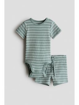 H&M - Girls Green 2-Piece Ribbed Cotton Set