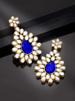 Peora - Blue Gold-Plated Jadau Kundan Teardrop Shaped Drop Earrings