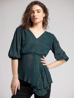 SHAYE - V-Neck Green Embellished Puff Sleeves Partywear Top for Women