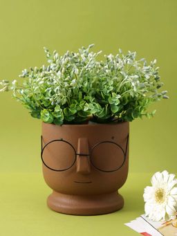 Tayhaa - Cute Human Face Ceramic Brown Planter with Specs