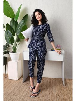 ichaa - Navy Blue Pure Cotton Printed Top and Pyjama