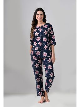 ichaa - Navy Blue Pure Cotton Floral Print Top and Pyjama