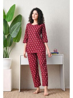 ichaa - Maroon Pure Cotton Floral Print Top and Pyjama