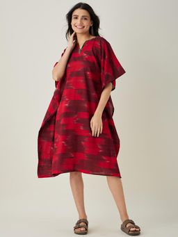 The Kaftan Company - Red Handloom Ikat Weave Cotton Kaftan