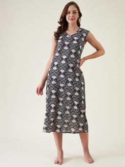 The Kaftan Company - Black Floral Sleeveless Cotton Nightdress for Women