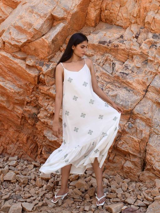 Buy Kapraaha A White Stripe Embroidered Maxi Dress White Online
