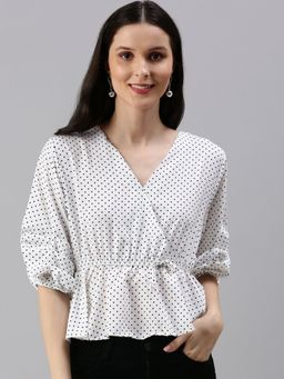 SHOWOFF - Women's Polka Dots Peplum White V-neck Top