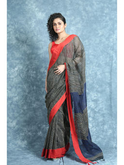 Arhi - Gheecha Weaving Black Handloom Saree With Navy Blue Pallu with Unstitched