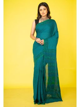 Unnati Silks - Green Pure Block Printed Mulmul Cotton Saree with Unstitched Blouse